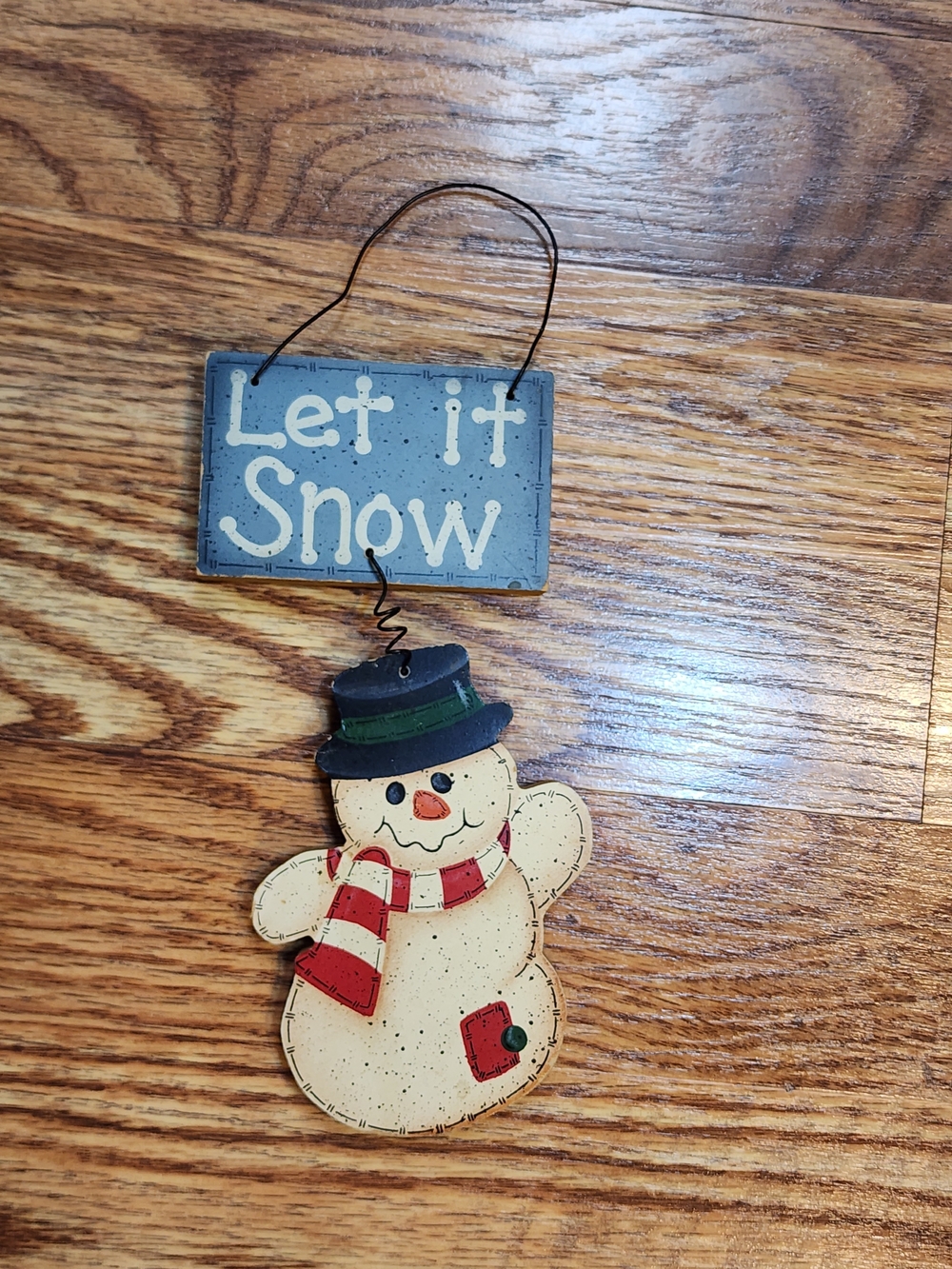 Let It Snow Rustic Holiday Wooden Snowman Hanging Sign - Blue & Cream